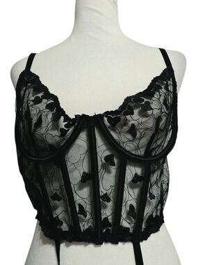 Forplay Black Sheer Lace Bustier Corset Top Garter Lingerie Y2K Coquette Goth L